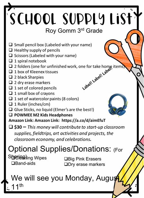Third Grade Supply List